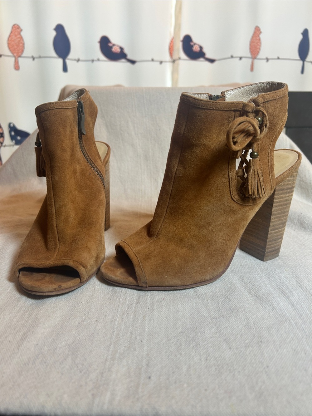 Suede Peep-Toe Tassel Block Heel Mules - Cognac Size 8